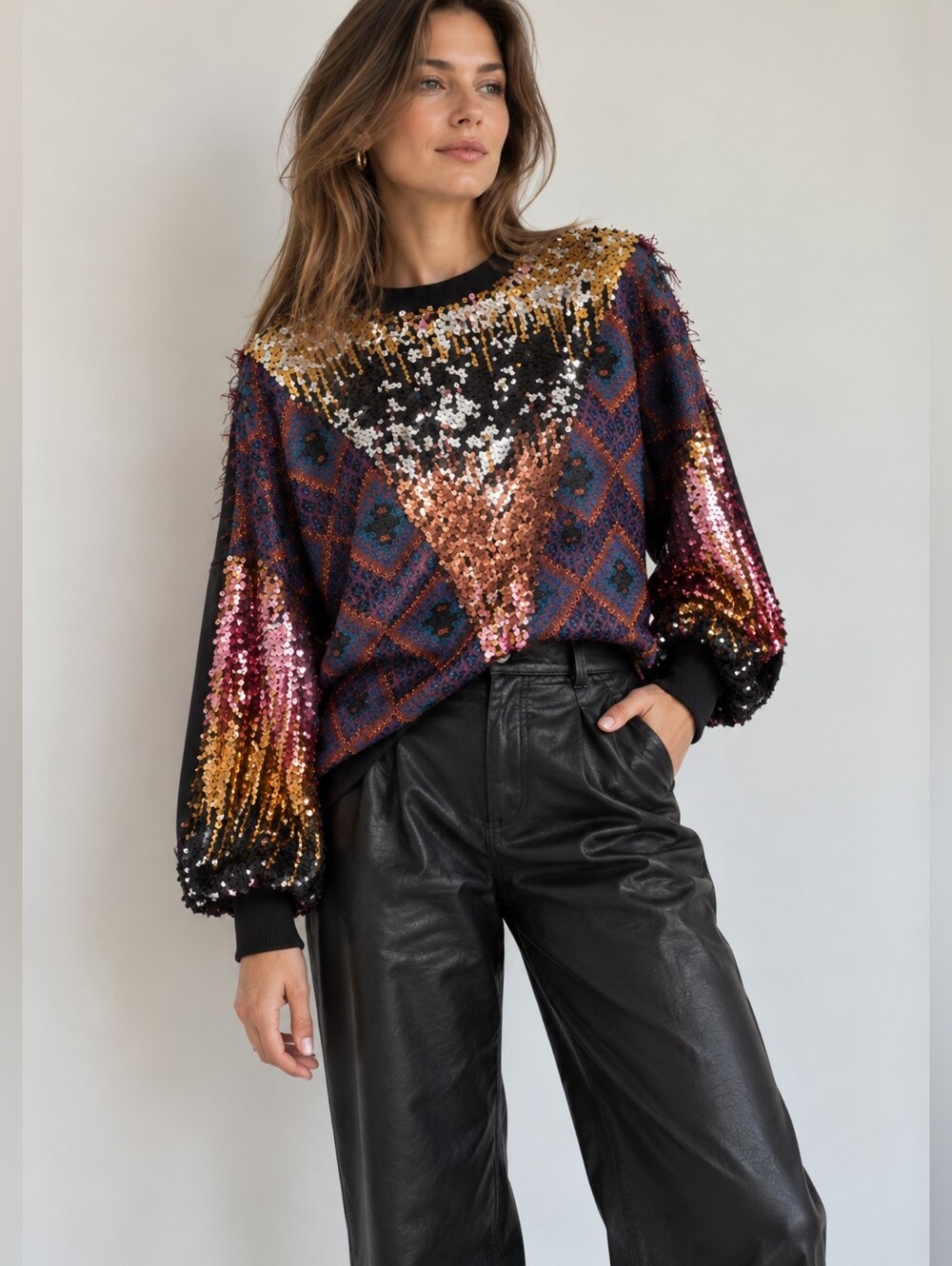 Zara Trafaluc Sequin Embroidered Oversized Statement Sweater Size S